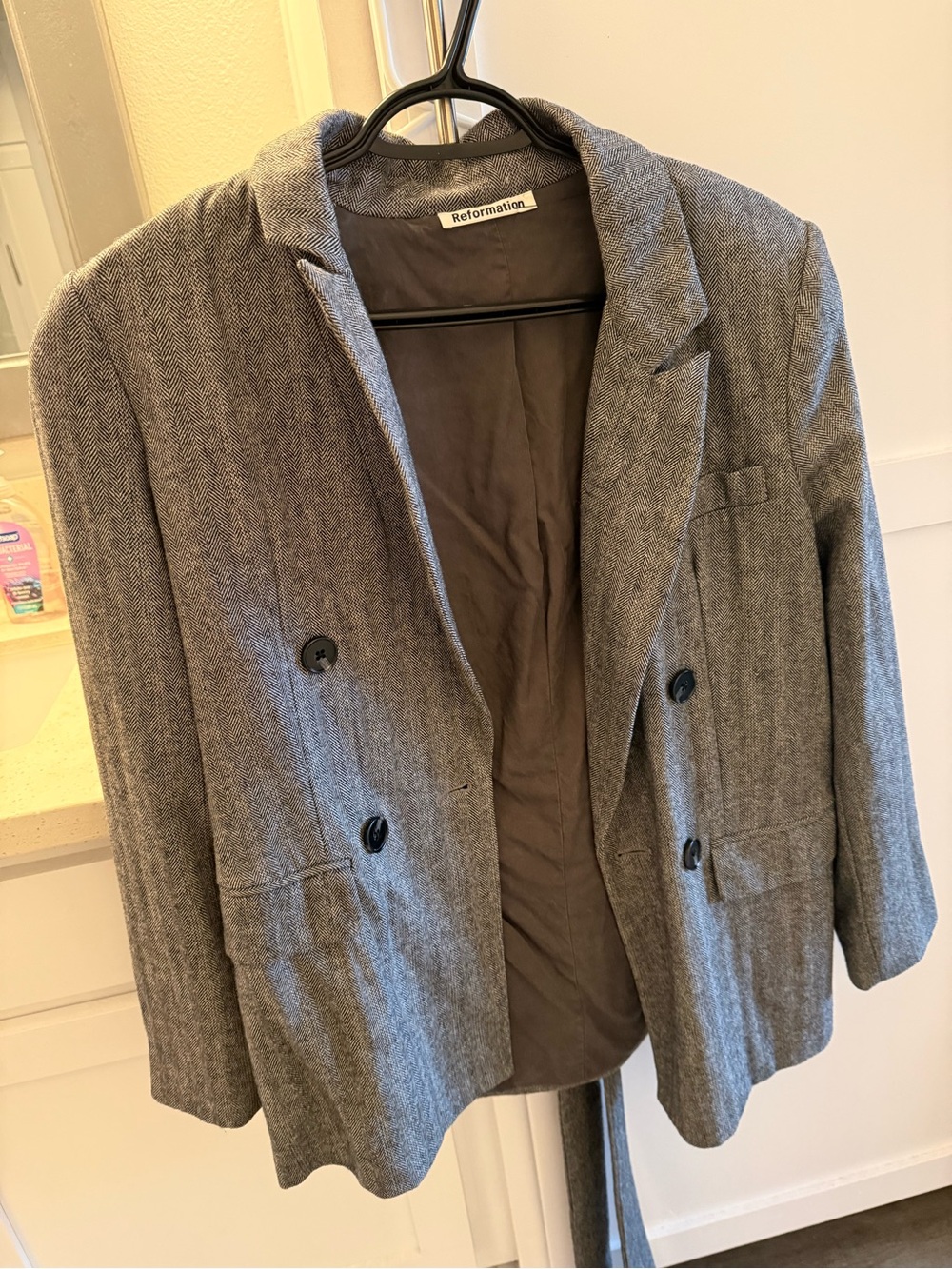 Reformation Gray Double-Breasted Herringbone Blazer